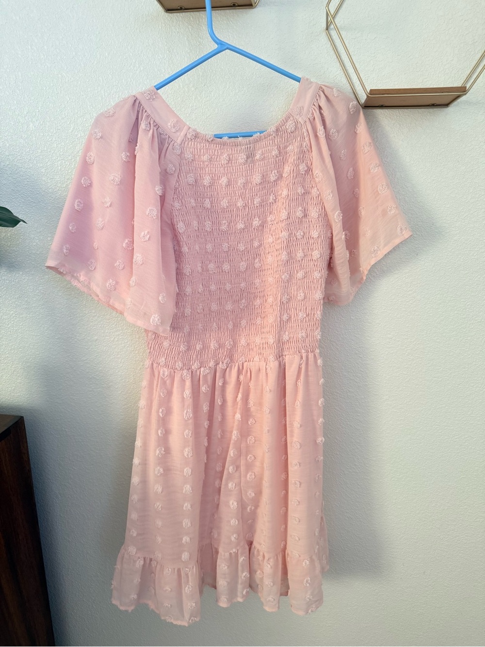 Smocked Swiss Dot Mini Dress in Light Blush Pink - Picture 2 of 2